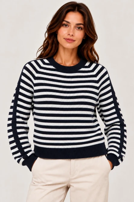 Monari Pullover 410217 Lacivert Çizgili Bisiklet Yaka Triko Kazak