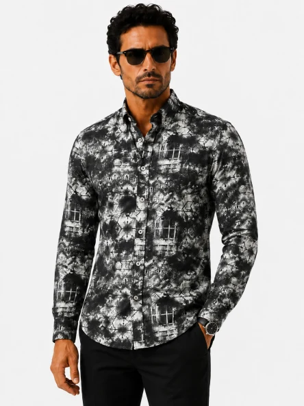 TOSS Erkek Uzun Kollu Slim Fit Düğmeli Yaka Desenli Gömlek 4001