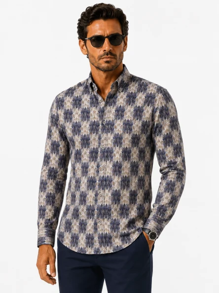 Erkek Uzun Kollu Slim Fit Düğmeli Yaka Desenli Gömlek 4005